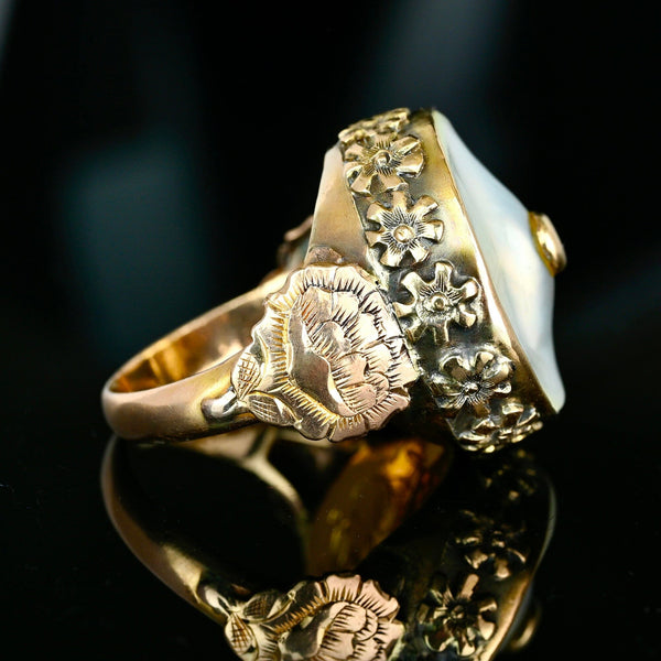 Antique Memorial Engraved 18K Gold Mother of Pearl Ring - Boylerpf