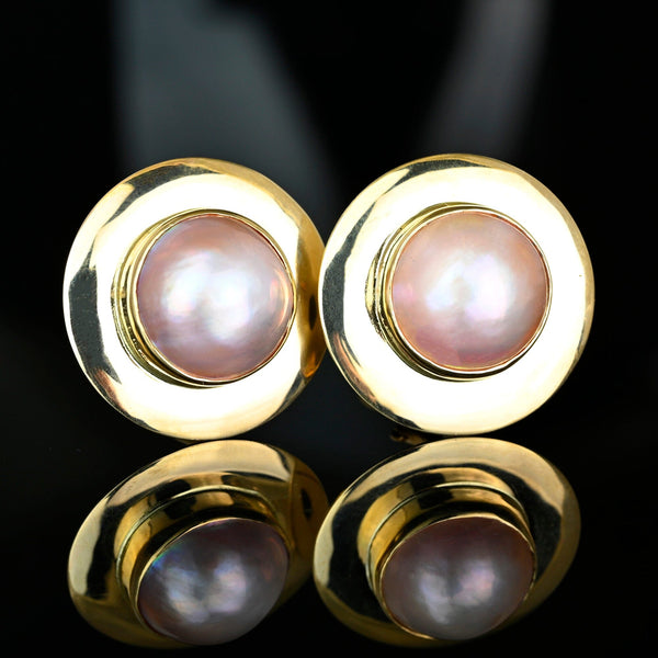 Vintage 14K Gold Mabe Pearl Earrings 14mm Omega Backs