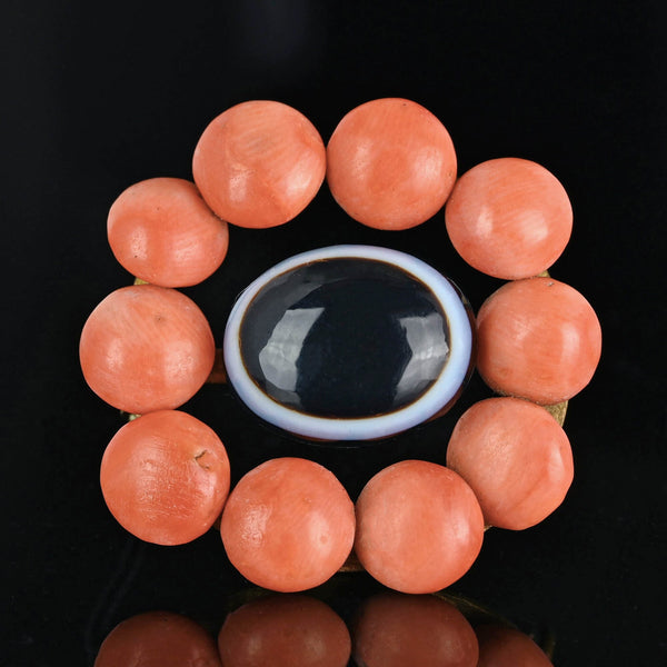 Antique Bullseye Agate Victorian Button Coral Brooch - Boylerpf