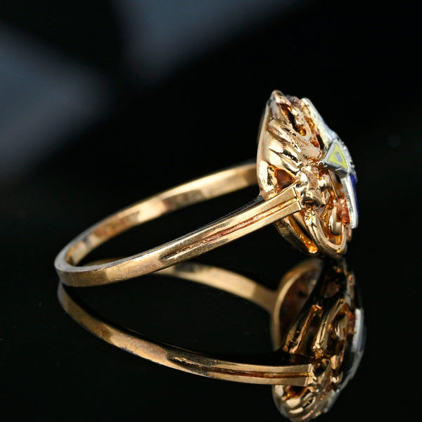 1940s Rose Gold Floral Diamond Enamel Star Masonic Ring - Boylerpf
