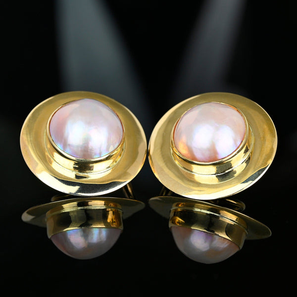 Vintage 14K Gold Mabe Pearl Earrings 14mm Omega Backs