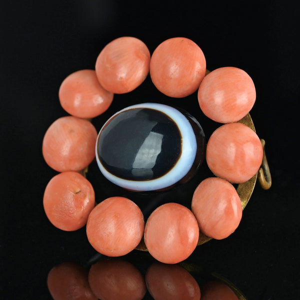 Antique Bullseye Agate Victorian Button Coral Brooch - Boylerpf