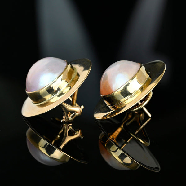 Vintage 14K Gold Mabe Pearl Earrings 14mm Omega Backs