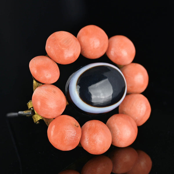Antique Bullseye Agate Victorian Button Coral Brooch - Boylerpf