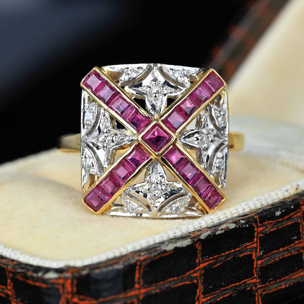 Art Deco Fleur De Lis Diamond Ruby Ring in 14K Gold - Boylerpf