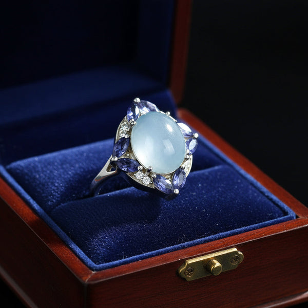 Vintage 18K White Gold Moonstone Tanzanite Ring - Boylerpf