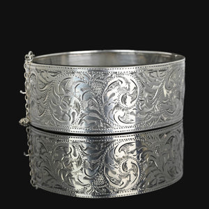 Victorian Revival Wide Engraved Silver Bracelet Bangle - Boylerpf