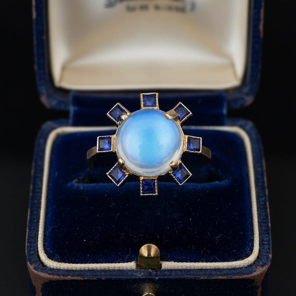 ON HOLD Antique Moonstone & Sapphire Halo Ring in 14K Rosy Gold