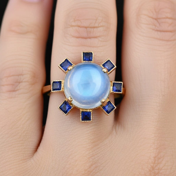 ON HOLD Antique Moonstone & Sapphire Halo Ring in 14K Rosy Gold