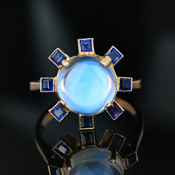 ON HOLD Antique Moonstone & Sapphire Halo Ring in 14K Rosy Gold
