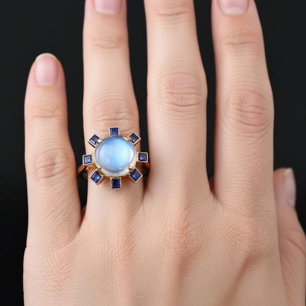 ON HOLD Antique Moonstone & Sapphire Halo Ring in 14K Rosy Gold
