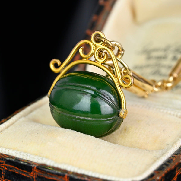 Antique Rolled Gold Jade Spinner Fob Pendant - Boylerpf