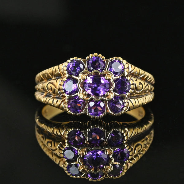 Wide Gold Engraved Band Floral Cluster Amethyst Ring - Boylerpf