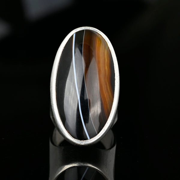 Huge Vintage Scottish Black Banded Agate Ring in Silver - Boylerpf