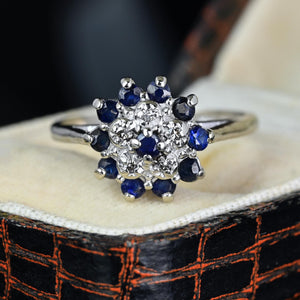 Vintage Sapphire Halo Diamond Cluster Ring in 10K White Gold - Boylerpf