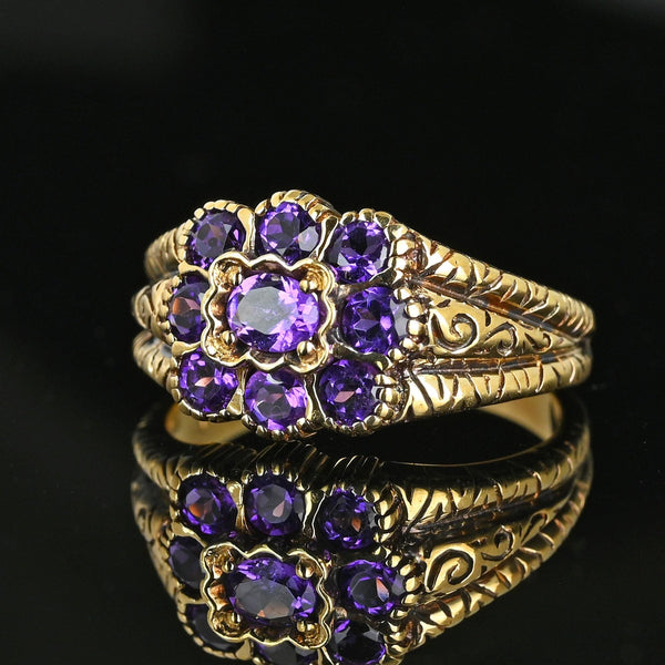 Wide Gold Engraved Band Floral Cluster Amethyst Ring - Boylerpf