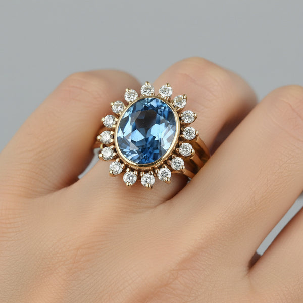 Vintage 14K Gold Diamond Halo Cluster Blue Topaz Ring - Boylerpf
