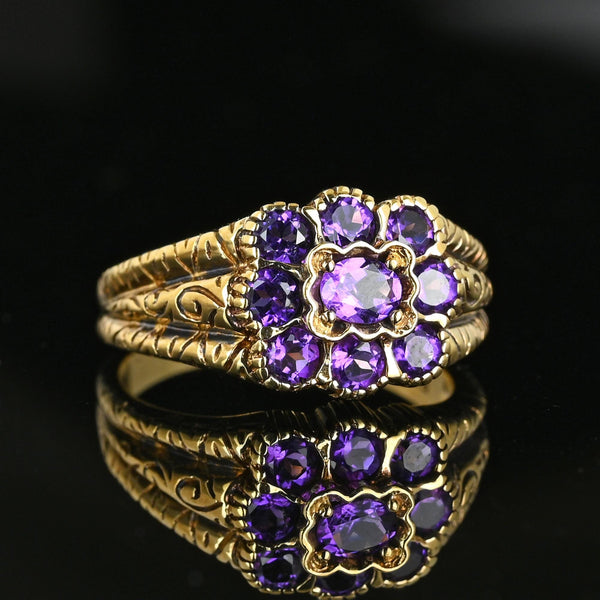 Wide Gold Engraved Band Floral Cluster Amethyst Ring - Boylerpf