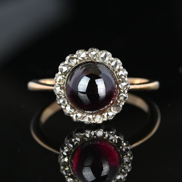 Georgian 15K Gold Rose Cut Diamond Halo Garnet Ring - Boylerpf