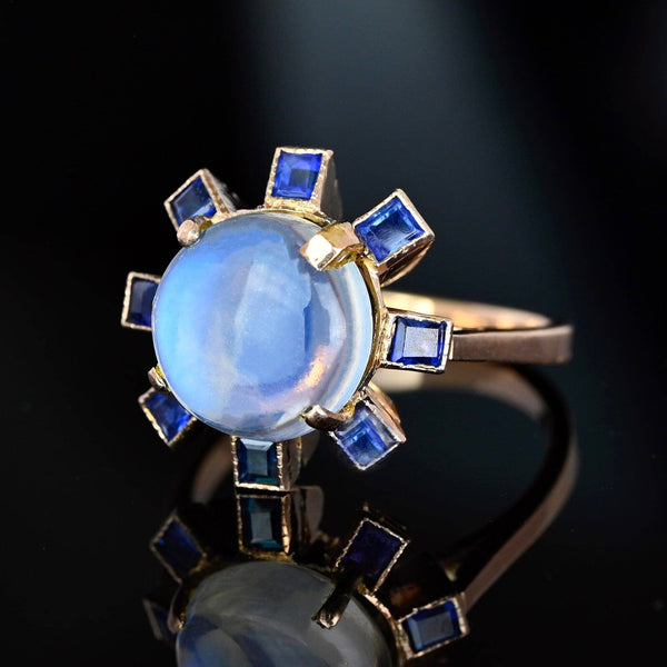 ON HOLD Antique Moonstone & Sapphire Halo Ring in 14K Rosy Gold
