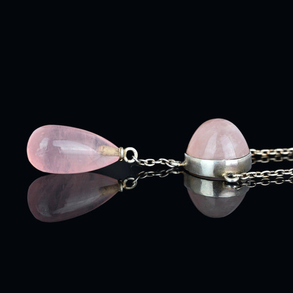 Antique Art Deco Silver Rose Quartz Pendant Necklace - Boylerpf