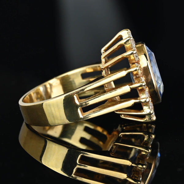 Vintage 14K Gold Diamond Halo Cluster Blue Topaz Ring - Boylerpf