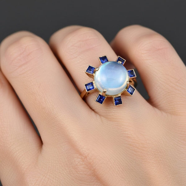 ON HOLD Antique Moonstone & Sapphire Halo Ring in 14K Rosy Gold