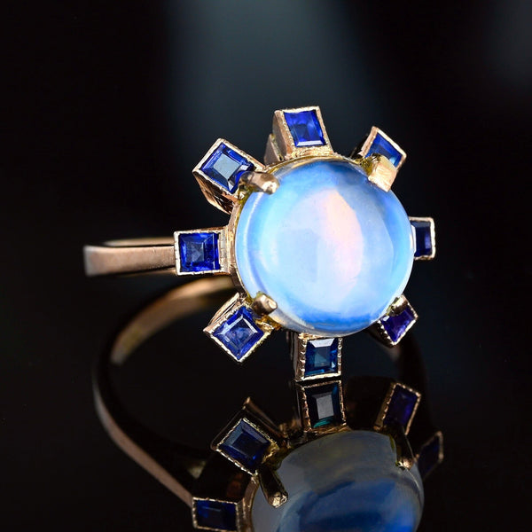 ON HOLD Antique Moonstone & Sapphire Halo Ring in 14K Rosy Gold