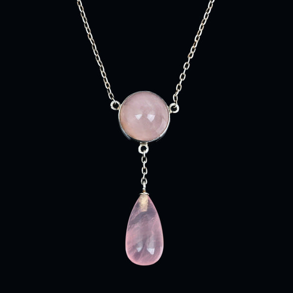Antique Art Deco Silver Rose Quartz Pendant Necklace - Boylerpf