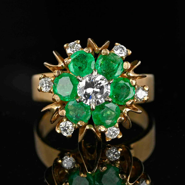 Vintage 14K Gold Flower Cluster Emerald Diamond Ring - Boylerpf