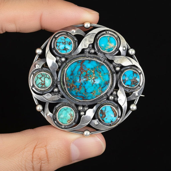 Antique Arts & Crafts Turquoise Brooch Sterling Silver - Boylerpf