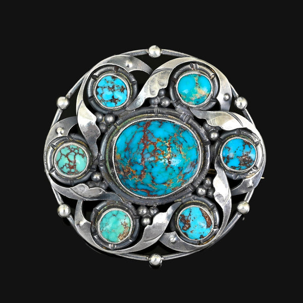 Antique Arts & Crafts Turquoise Brooch Sterling Silver - Boylerpf