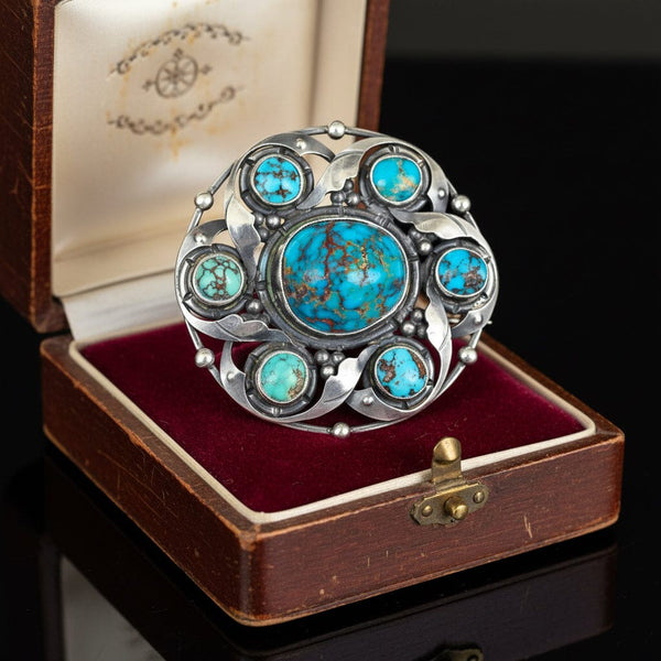 Antique Arts & Crafts Turquoise Brooch Sterling Silver - Boylerpf