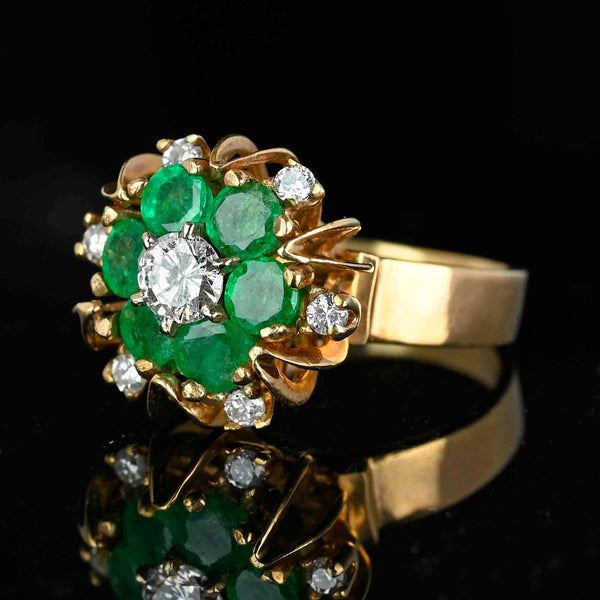 Vintage 14K Gold Flower Cluster Emerald Diamond Ring - Boylerpf