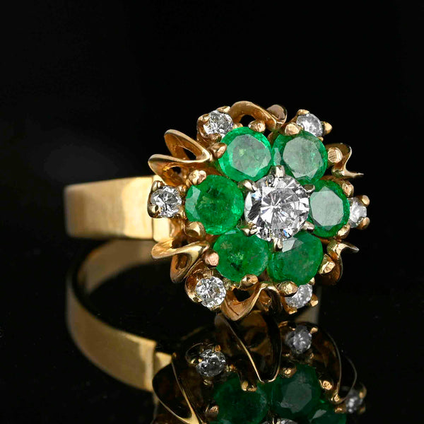 Vintage 14K Gold Flower Cluster Emerald Diamond Ring - Boylerpf