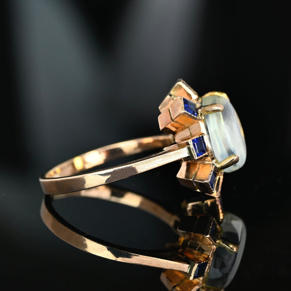 ON HOLD Antique Moonstone & Sapphire Halo Ring in 14K Rosy Gold