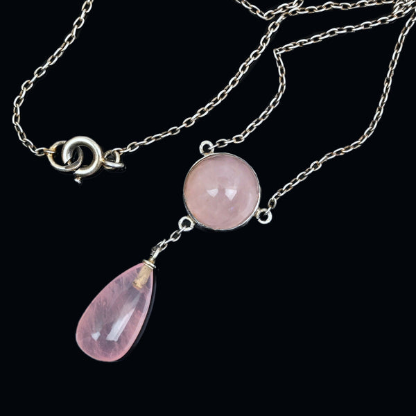 Antique Art Deco Silver Rose Quartz Pendant Necklace - Boylerpf