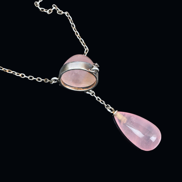 Antique Art Deco Silver Rose Quartz Pendant Necklace - Boylerpf