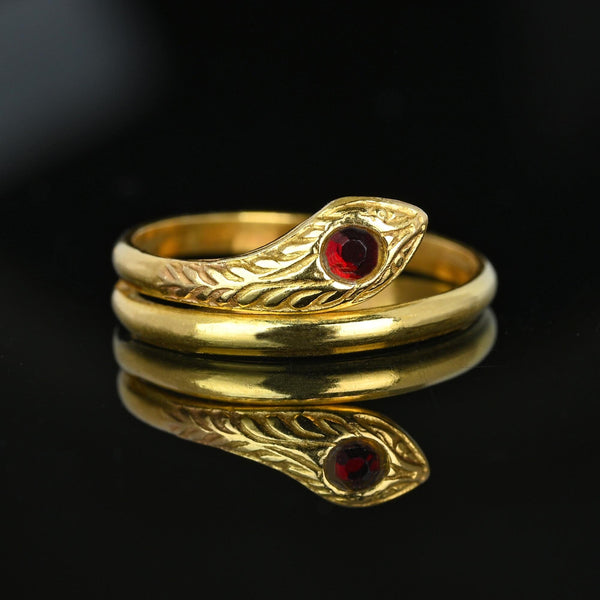 Vintage Solid 18K Gold Ruby Paste Snake Ring Band - Boylerpf