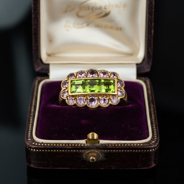 DEPOSIT Antique 14K Gold Peridot & Amethyst Halo Ring