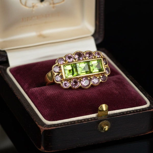DEPOSIT Antique 14K Gold Peridot & Amethyst Halo Ring