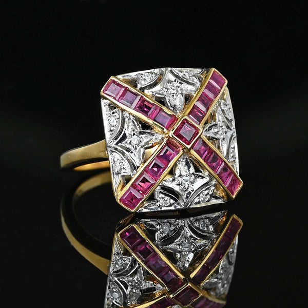 Art Deco Fleur De Lis Diamond Ruby Ring in 14K Gold - Boylerpf