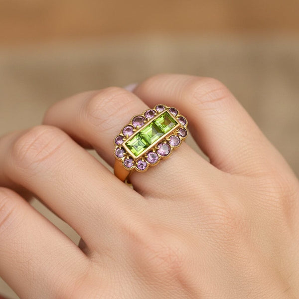 DEPOSIT Antique 14K Gold Peridot & Amethyst Halo Ring