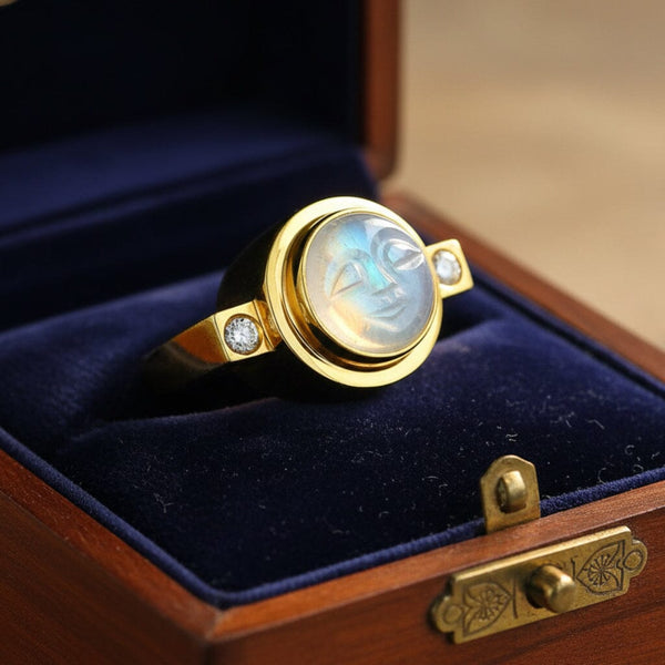 Vintage 18K Gold Man in Moon Carved Moonstone Ring - Boylerpf