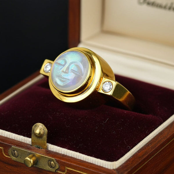 Vintage 18K Gold Man in Moon Carved Moonstone Ring - Boylerpf