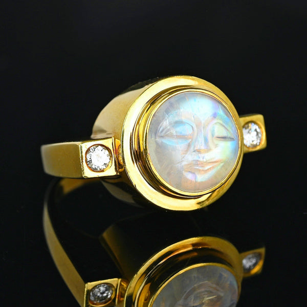 Vintage 18K Gold Man in Moon Carved Moonstone Ring - Boylerpf