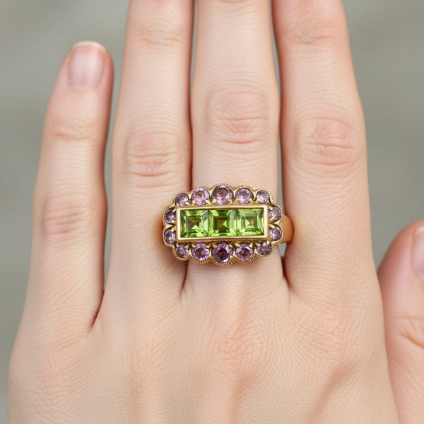 DEPOSIT Antique 14K Gold Peridot & Amethyst Halo Ring