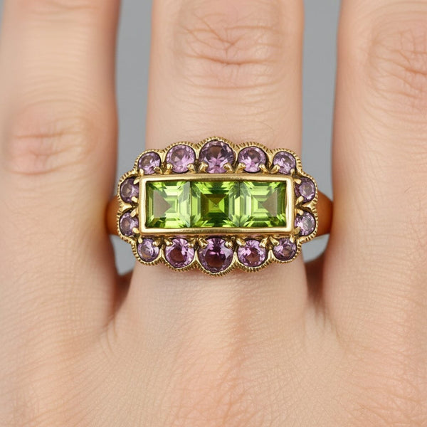 DEPOSIT Antique 14K Gold Peridot & Amethyst Halo Ring