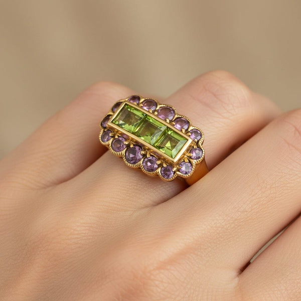 DEPOSIT Antique 14K Gold Peridot & Amethyst Halo Ring