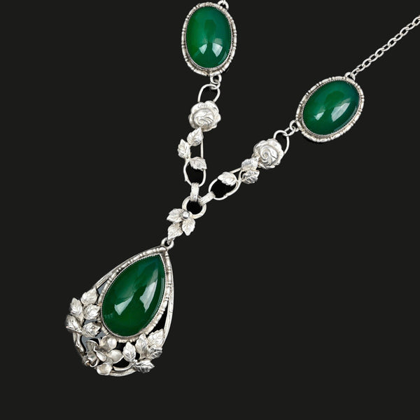 Arts & Crafts Silver Green Chrysoprase Chalcedony Necklace - Boylerpf